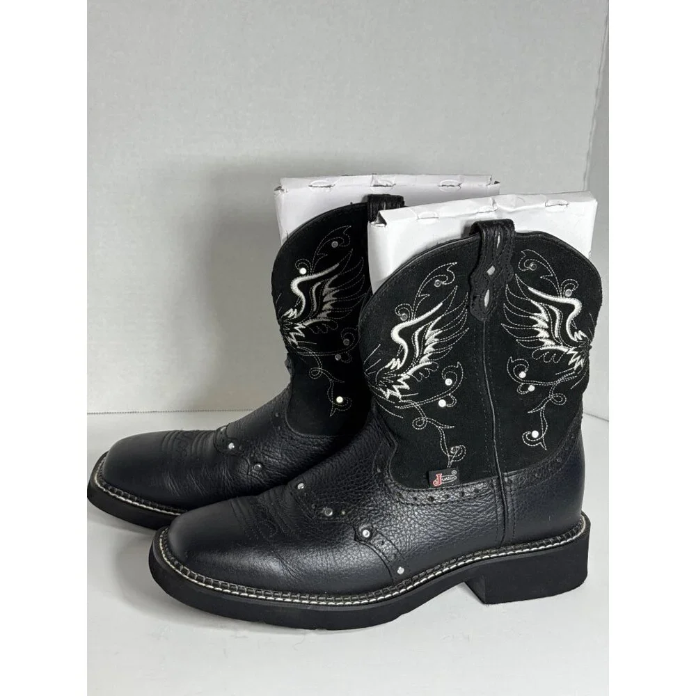 Justin Boots Black Gypsy Embroidered Square Toe Western L9977 Womens 8.5B - Picture 4 of 16
